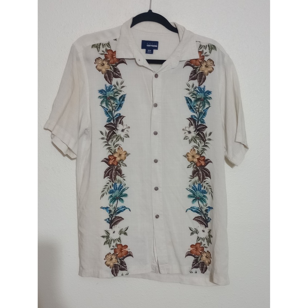 Basic Editions Mens Rayon Floral Tropical Camp Shirt Cream Short Sleeve Medium